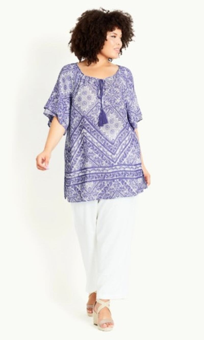 EVANS Bohemian Plus Size Tunic Blouse in Blue and White Size 26/28